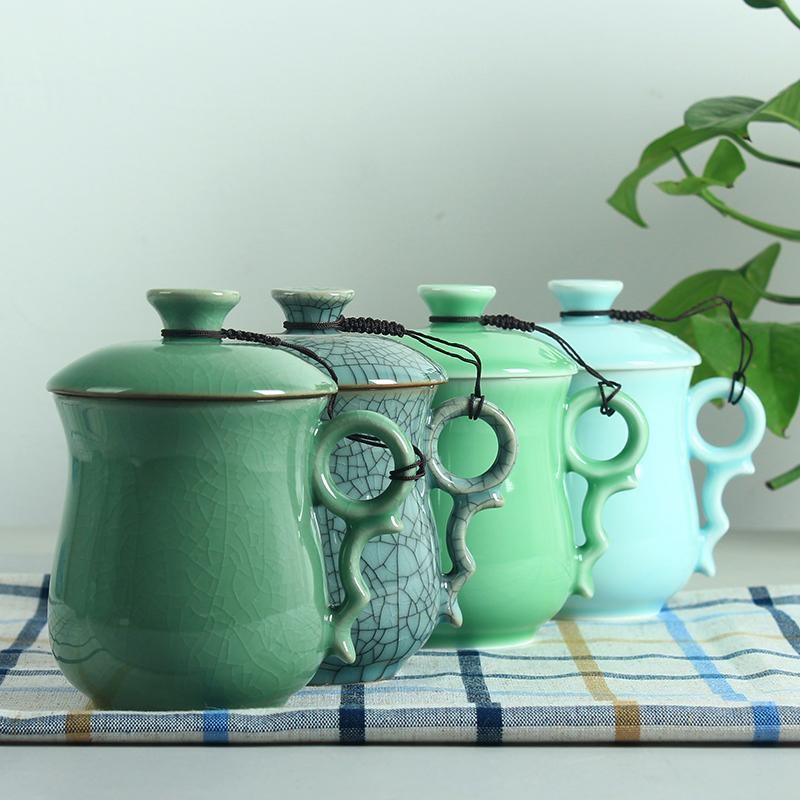 龙泉青瓷茶杯陶瓷杯子家用带盖泡茶杯中式哥窑冰裂纹办公杯商务礼