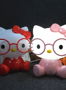 超萌戴眼镜KT猫卧室女生床头台灯卡通可爱插电三档触摸调光小夜灯