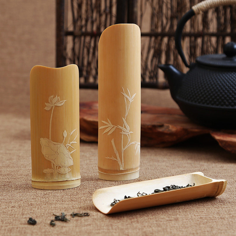 荷花留青雕刻竹茶则 出口韩国孟宗竹制茶勺 手工精美茶具茶铲茶荷