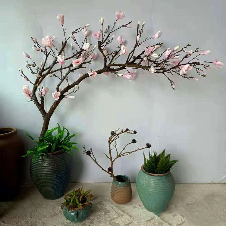 仿真粉色玉兰花树干树枝家居客厅摆件花瓶落地摆设花艺吊顶装饰树