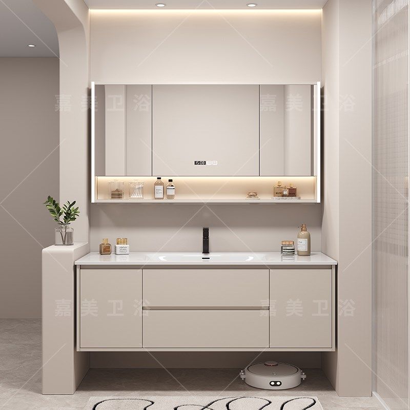 奶油风浴室柜陶瓷一体盆现代简约卫生间洗漱台洗脸洗手盆柜组合