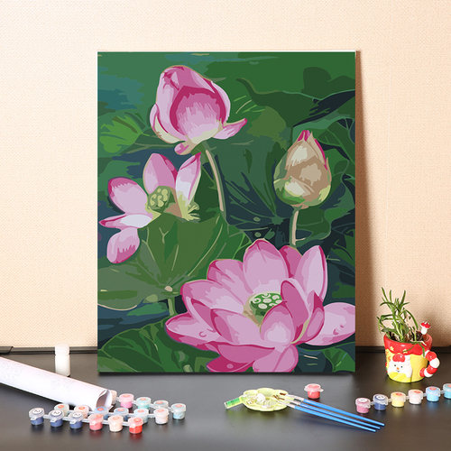 数字油画diy填充油彩画荷塘莲藕莲花减压古风丙烯画手工涂色画画