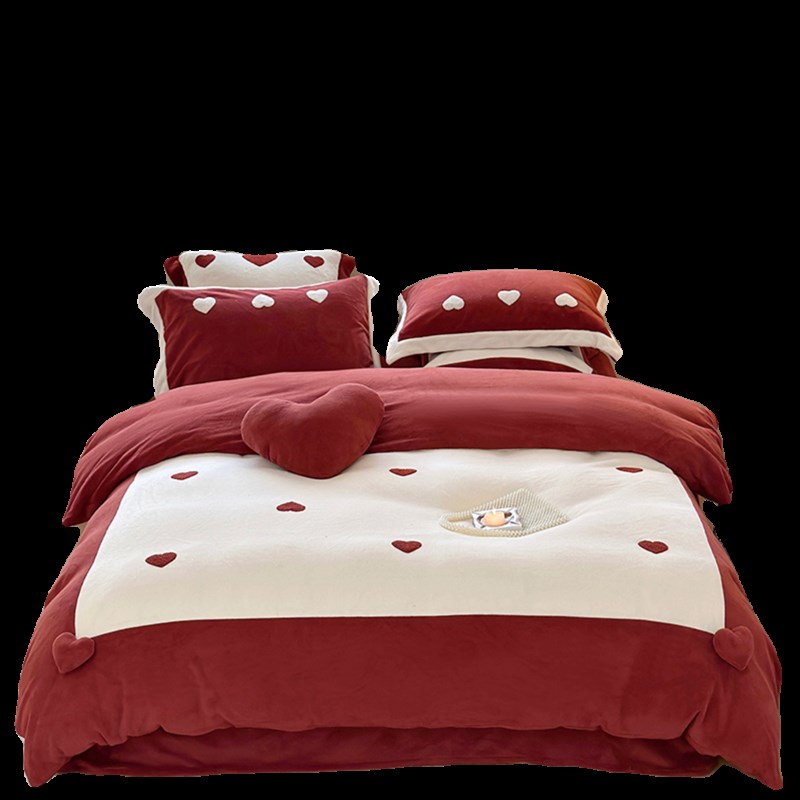 爱心红色加厚床上四件浪漫喜庆加绒结婚床单被保暖床品