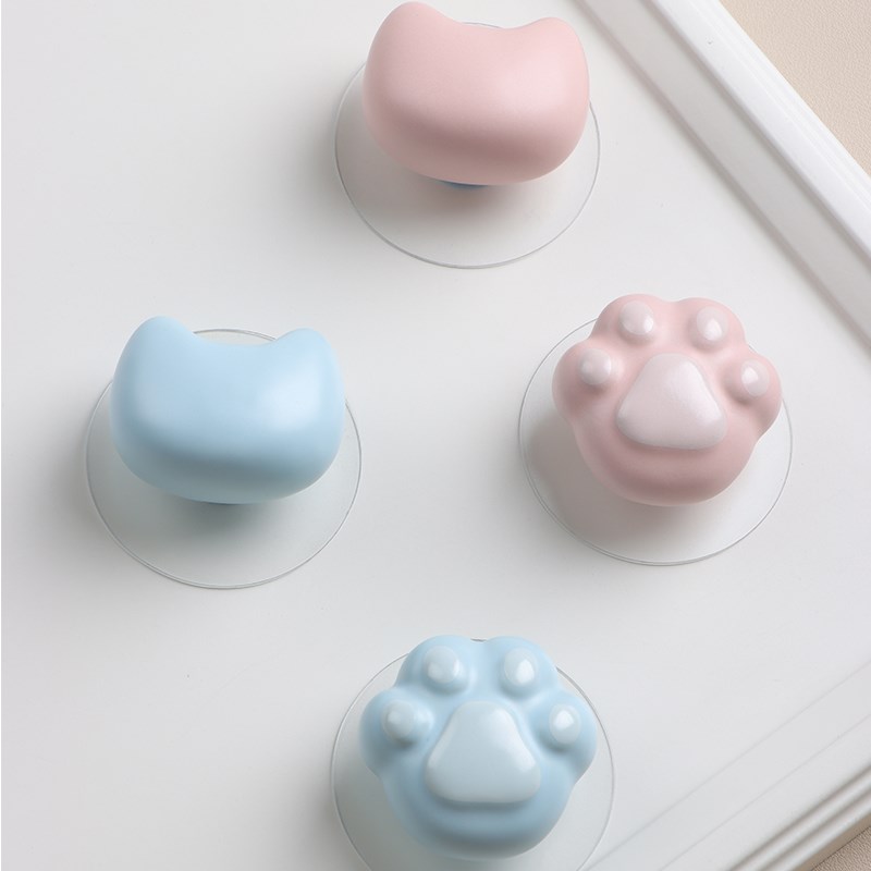 新款猫爪元宝猫免打孔拉手衣柜门橱柜可爱陶瓷单孔免钉自粘门把手