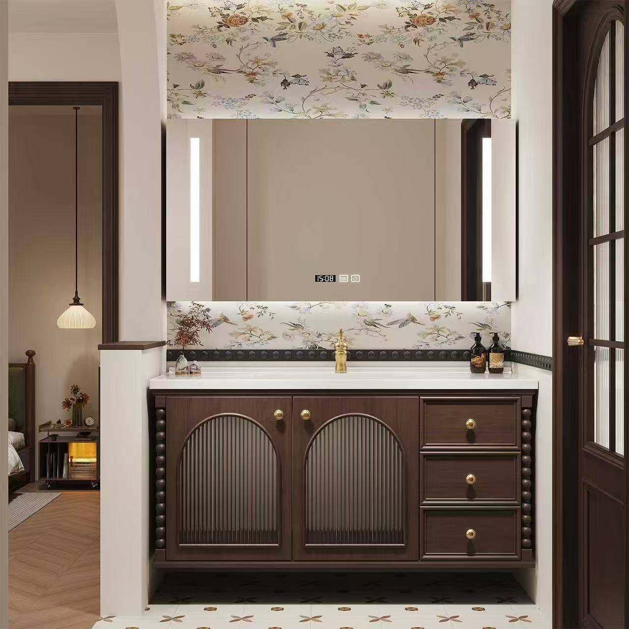 法式橡木复古浴室柜组合岩板陶瓷一体洗手池美式卫生间洗漱洗脸盆