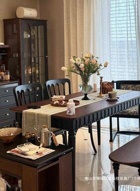 法式实木古餐复桌黑色板桌家用户椭圆小见描述型美式可折长桌中叠