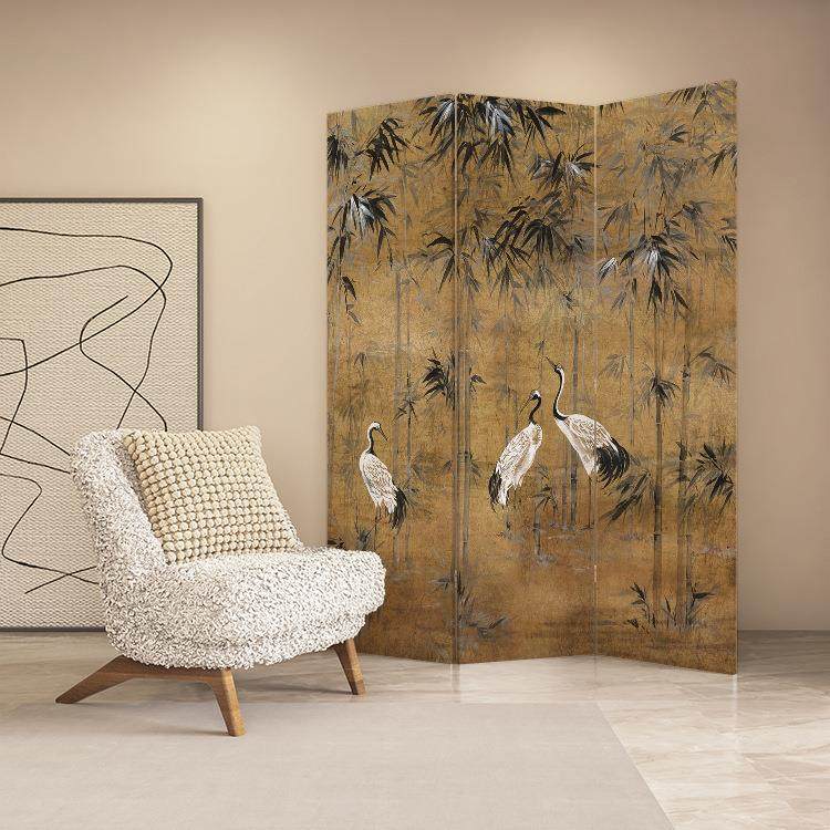 饰法式中古IFZ子仙竹鹤屏风隔断客厅沙发背遮挡装家用折叠移景动