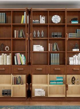 门新中全实木书柜TYZ雕书房带玻璃书架组合落地式花3门6门储物柜