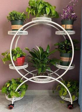 轮可移动铁花架厅绿客萝花架艺DZO子阳台架子多层推拉带落地式花