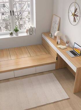 简约小户型榻榻米儿童床加书桌组合高箱储物收纳板式单人床可#￥