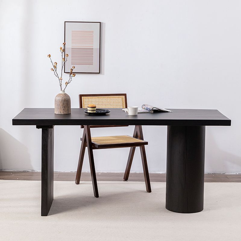 侘寂风实木餐桌小户型飘窗茶桌简约炭化黑原木书桌民宿餐桌椅