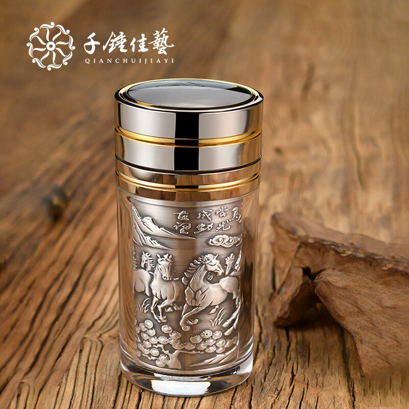 千锤佳艺 雪花银水杯999足银内胆小茶杯随手迷你便携泡茶复古浮雕