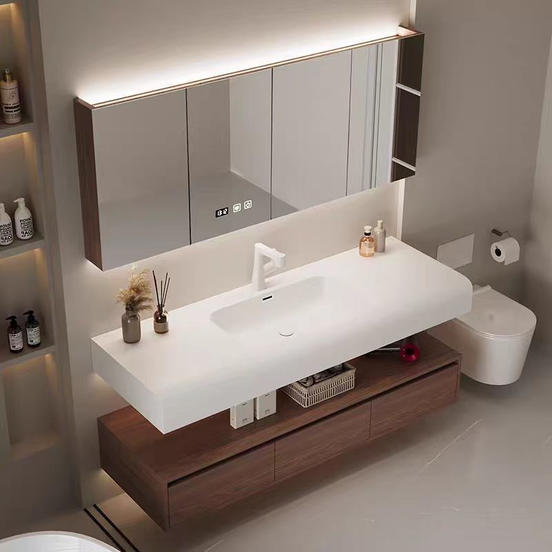 奶油风卫生间洗手脸盆胡桃木肤感可丽耐一体盆浴室柜组合洗漱台