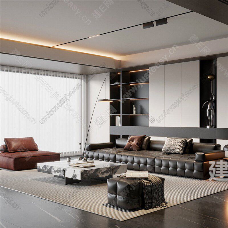 意式极简皮艺沙发茶几组合现代客厅别墅会客区休闲接待区直排沙发
