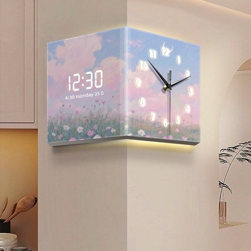 浪漫花海艺术挂钟客厅2025新款转角双面时钟奶油风拐角挂墙钟表画