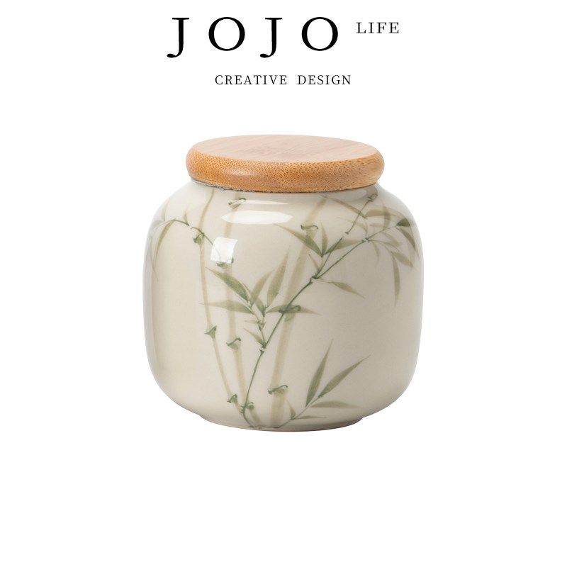 JOJOS L. PD.give.翠绿文竹茶叶罐密封罐陶瓷存茶罐防潮  目送