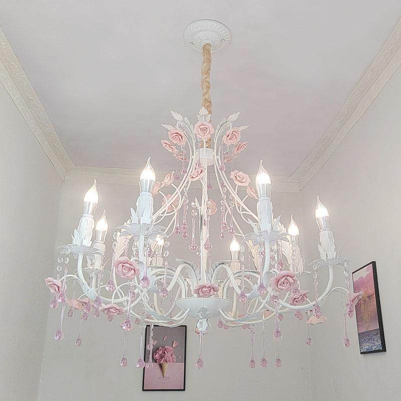 田园风格轻水晶吊灯铁艺花玫草店铺灯具式瑰客厅奢8082\/8公主卧