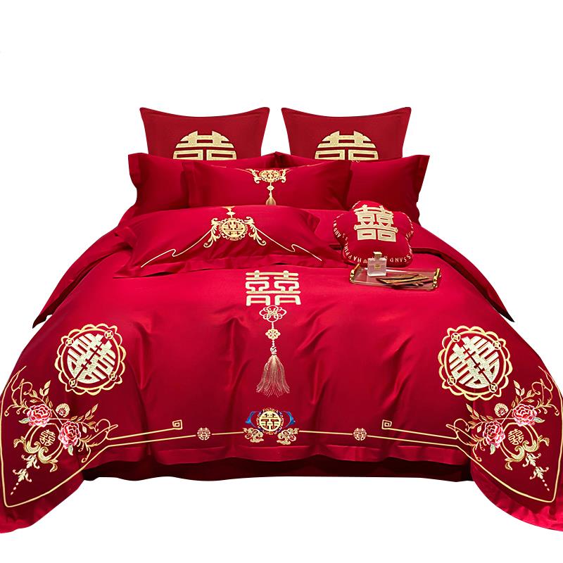 结婚四被件套婚庆大红喜被套床单磨色毛婚嫁高床端婚庆0662婚礼上