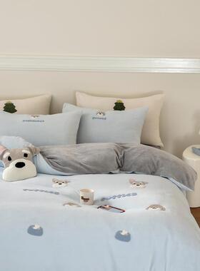 ltns可小狗加厚牛爱奶四件套冬季卡通儿童绒珊瑚绒i被套1.35m三件