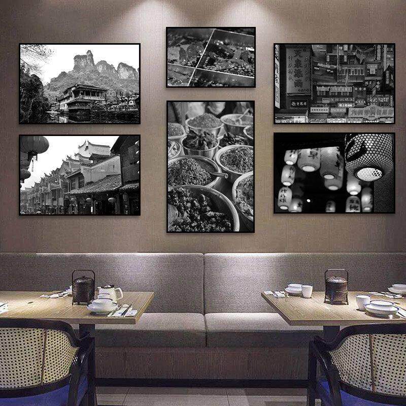湖南装饰画湘菜馆餐馆饭店火锅店挂画长沙老照片怀旧黑白建筑壁画