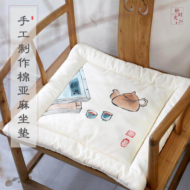 原创手绘坐垫 棉麻复古中式夏季空调房茶室圈椅Y椅藤椅垫坐垫靠背