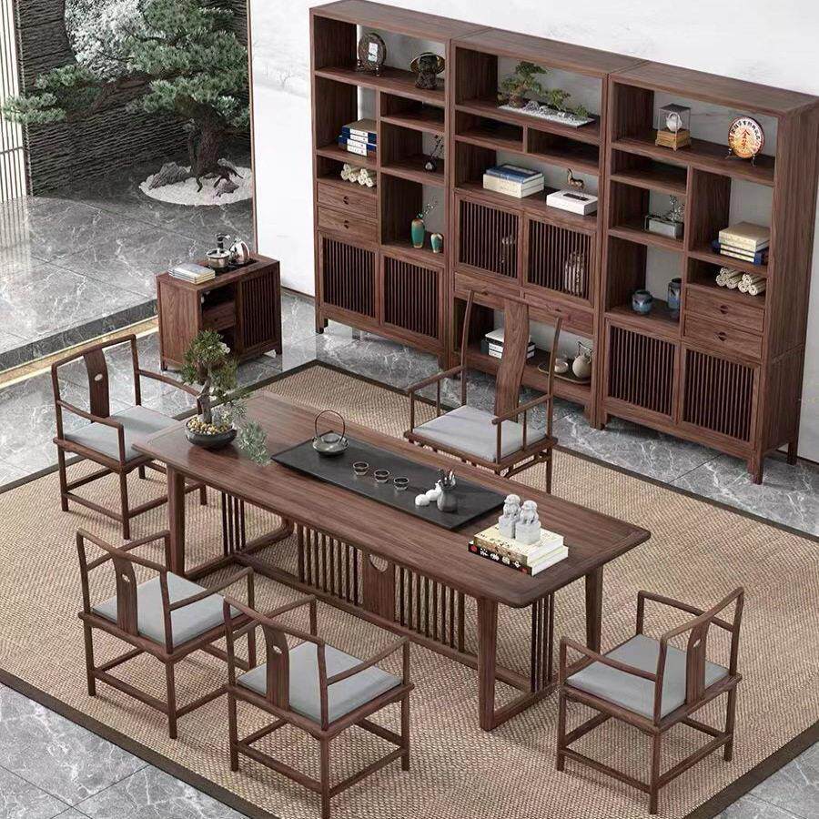 新中式实木茶桌椅组合黑胡桃色功夫泡茶桌原木茶艺桌茶室家具