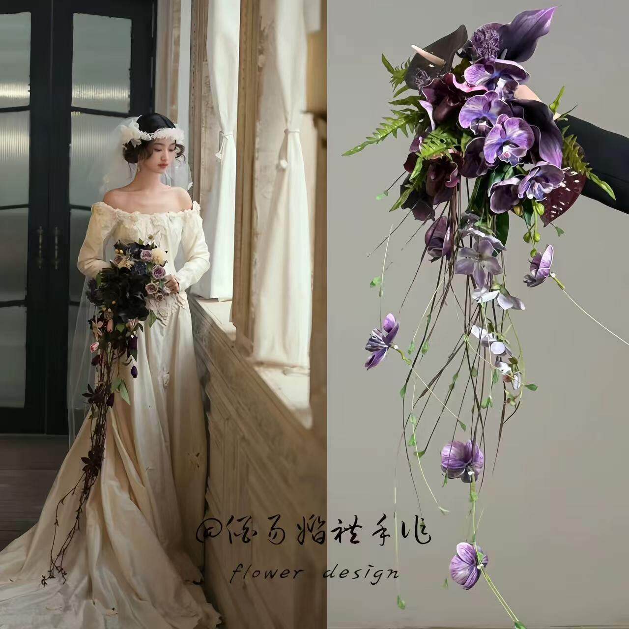 紫色瀑布婚礼仿真手捧花婚纱影楼摄影拍照道具花中式仿真蝴蝶兰