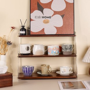 核桃木杯子收纳置物架梯形多层水杯茶杯马克杯咖啡杯碟实木展示架