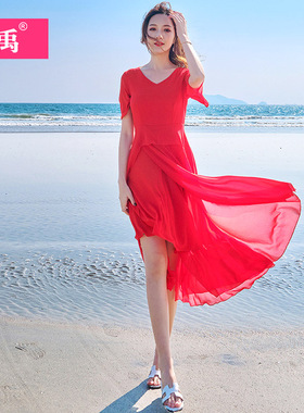 波西米亚沙滩裙2021夏季仙女裙显瘦巴厘岛红色度假连衣裙复古长裙