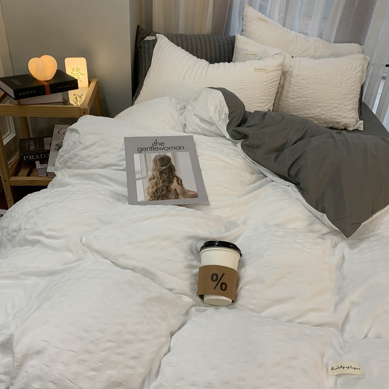 日式水洗棉四件套2M白色泡泡被套床单宿舍床上三件套单人床品男女