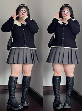 夏季微胖妹妹西装短裙女防走光大码高腰显瘦百褶裙A字包臀半身裙