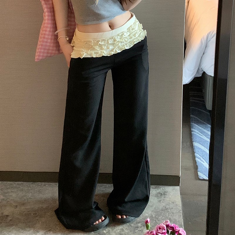E7Q8 2024新款芭蕾风褶皱花边西裤女中腰微喇显瘦阔腿拖地长裤子