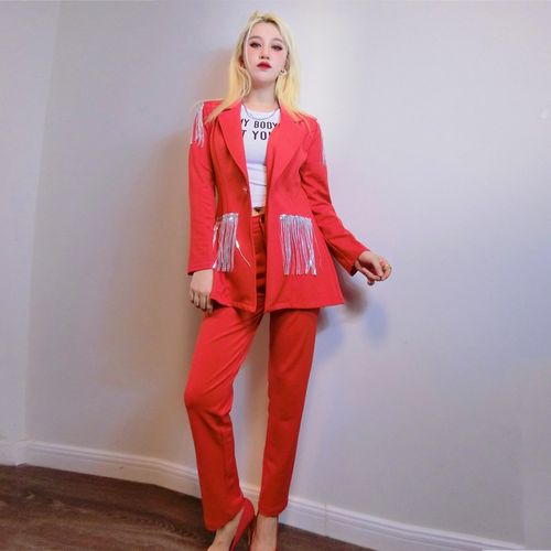 女主播歌手婚庆主持爵士领舞团演闪亮流苏镂空西服外套红色打歌服