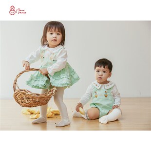 薄荷绿背带蓬蓬party裙女童姐弟装儿童田鸡裤龙凤胎套装兄妹装