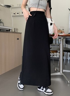 大码开叉半身裙女秋季高腰显瘦a字中长裙胖MM西装裙气质黑色长裙