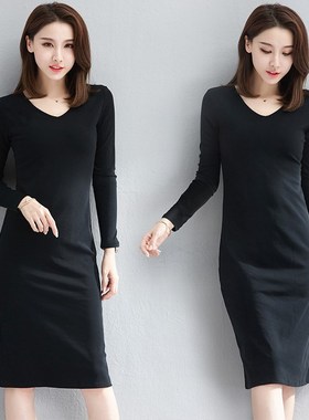 黑色v领连衣裙长袖t恤裙子春秋装内搭打底性感气质女装长裙轻熟风