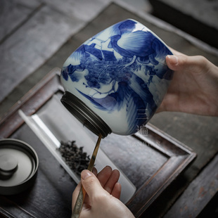 手绘青花瓷茶叶罐一斤装锡盖陶瓷储物罐大罐子仿古瓷罐礼品礼盒装