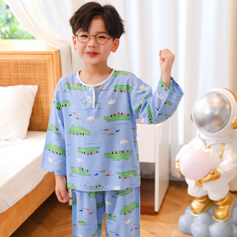儿童睡衣夏季薄款长袖男女童套装卡通纯棉绸宝宝中大童空调家居服