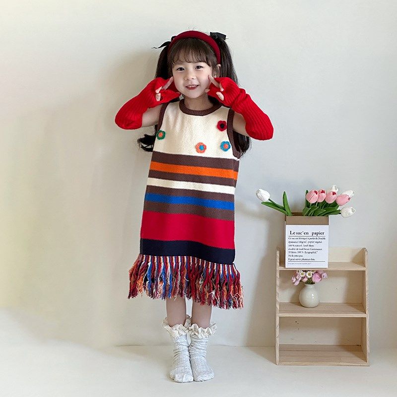 小蜜糖童装女童花朵毛衣裙秋冬新款儿童可爱条纹流苏针织背心裙潮