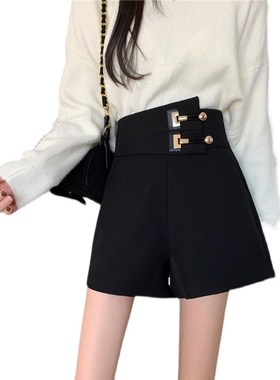 春秋胖mm西装裤外穿高腰遮肚子a字阔腿裤大码休闲百搭黑色短裤女