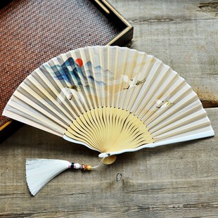 飞鹤素白折扇中国古代宫庭风女式淡雅汉服旗袍搭配摄影拍照道具
