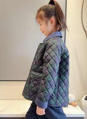 2024春季新款童装儿童绿色格子翻领薄棉服男女童中性夹棉棉衣外套