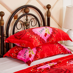 冬季加厚珊瑚绒枕套一对48 74加绒枕套红色结婚枕头罩法莱绒单人