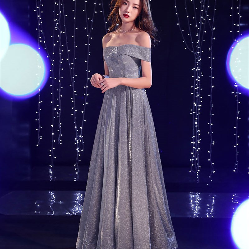 2025新款一字肩订婚敬酒服主持人修身伴娘晚礼服仙气质演出晚礼服