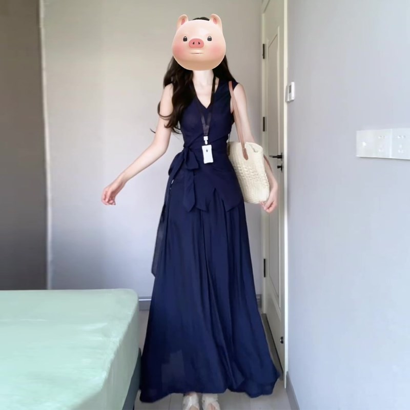 法式复古氛围感气质半身长裙系带收腰无袖背心连衣裙两件套装女夏