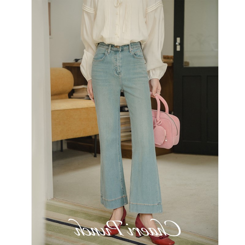 大码女装四面弹微喇牛仔裤胖妹妹mm高腰宽松显瘦小个子直筒九分裤