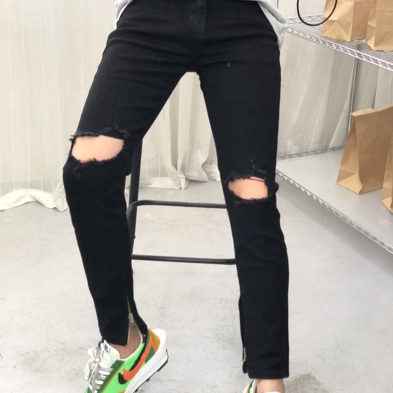 卷毛男装2020春夏季新款裤子男黑色拉链破洞牛仔九分裤修身小脚裤