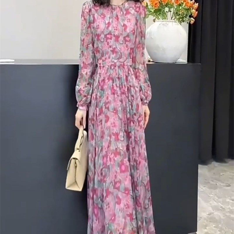 法式雪纺碎花连衣裙2024夏季新款圆领收腰长裙宽松薄款长袖防晒裙