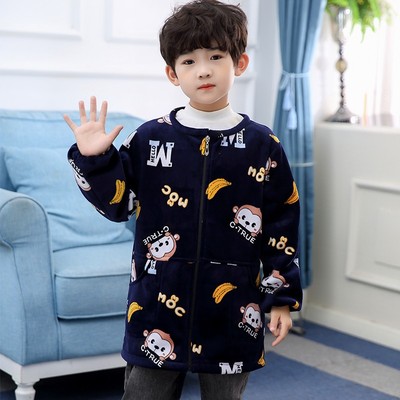 秋冬新款 宝宝加绒加厚罩衣 水晶超柔长袖画画反穿衣拉链围裙