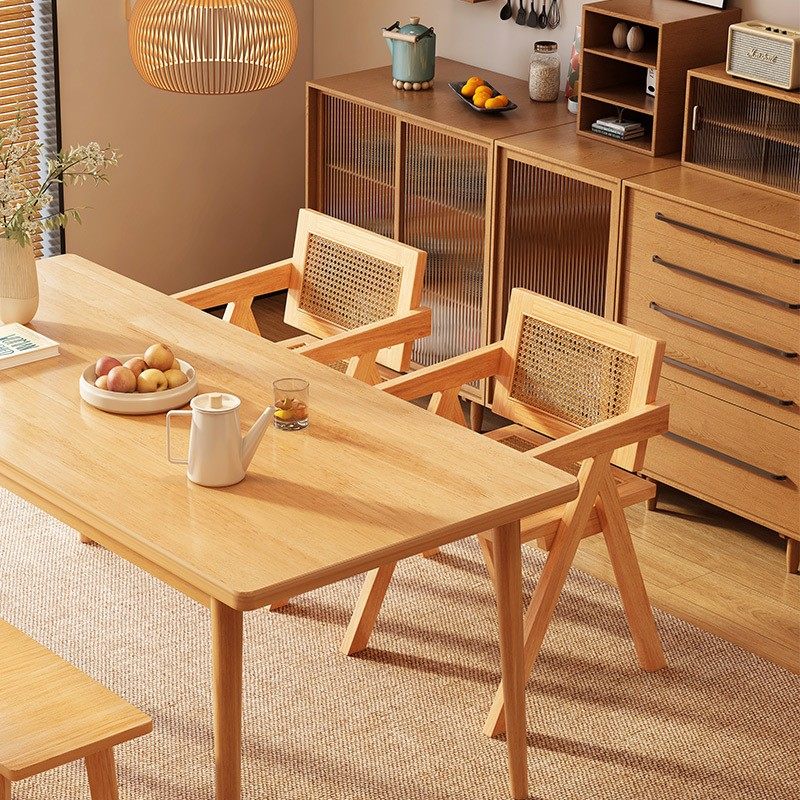 北欧原木风椅子带扶手侘寂风藤编椅子阳台扶手靠背椅家用实木餐椅